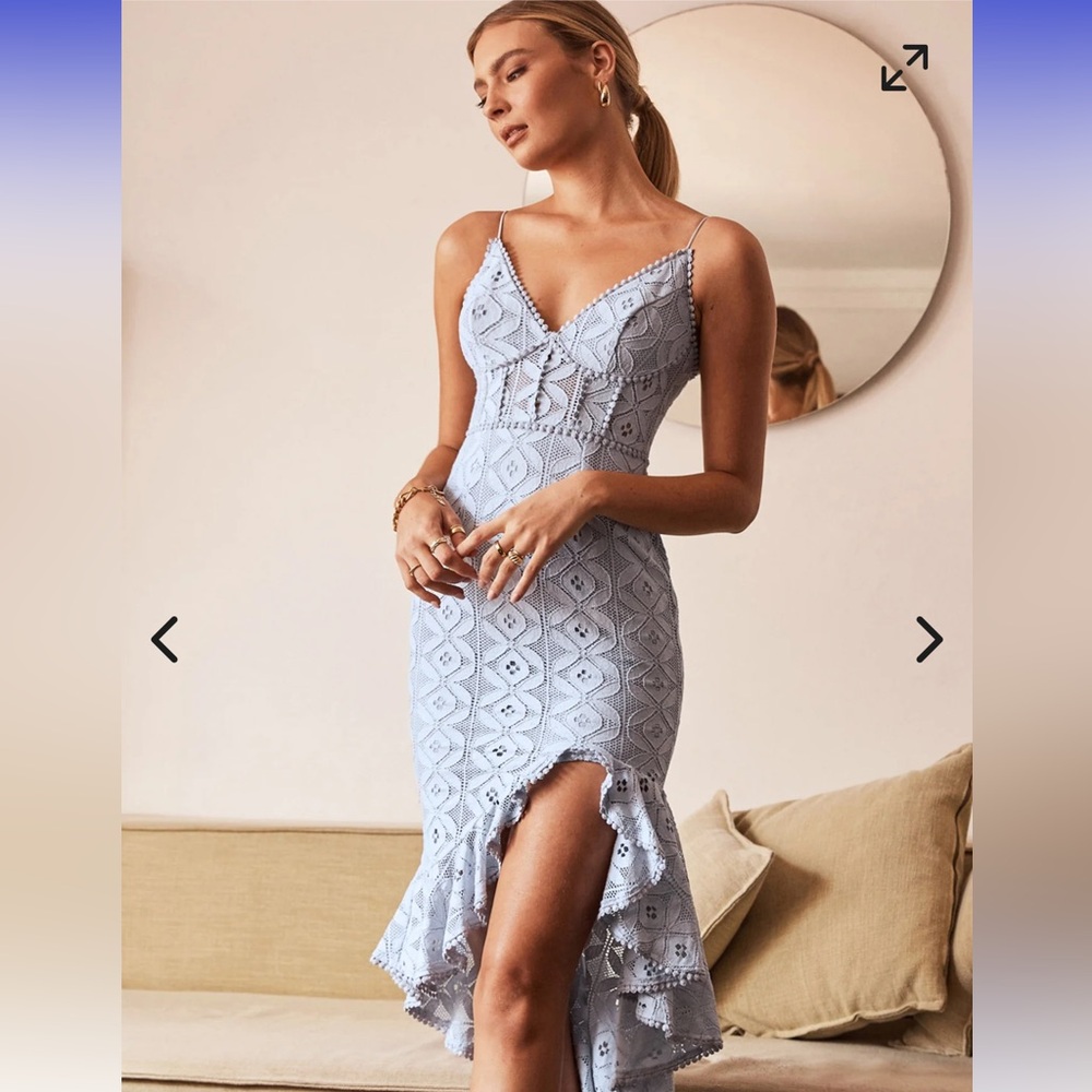 Talk About Me High Low Hem Circle Trim Midi Dress Baby Blue